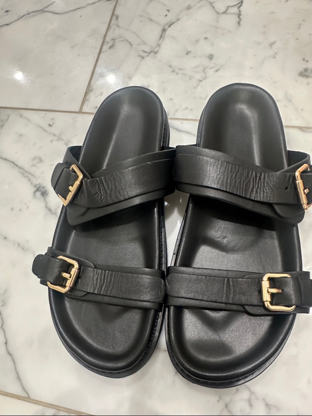 Black Leather Double-Strap Buckle Sandals - Women